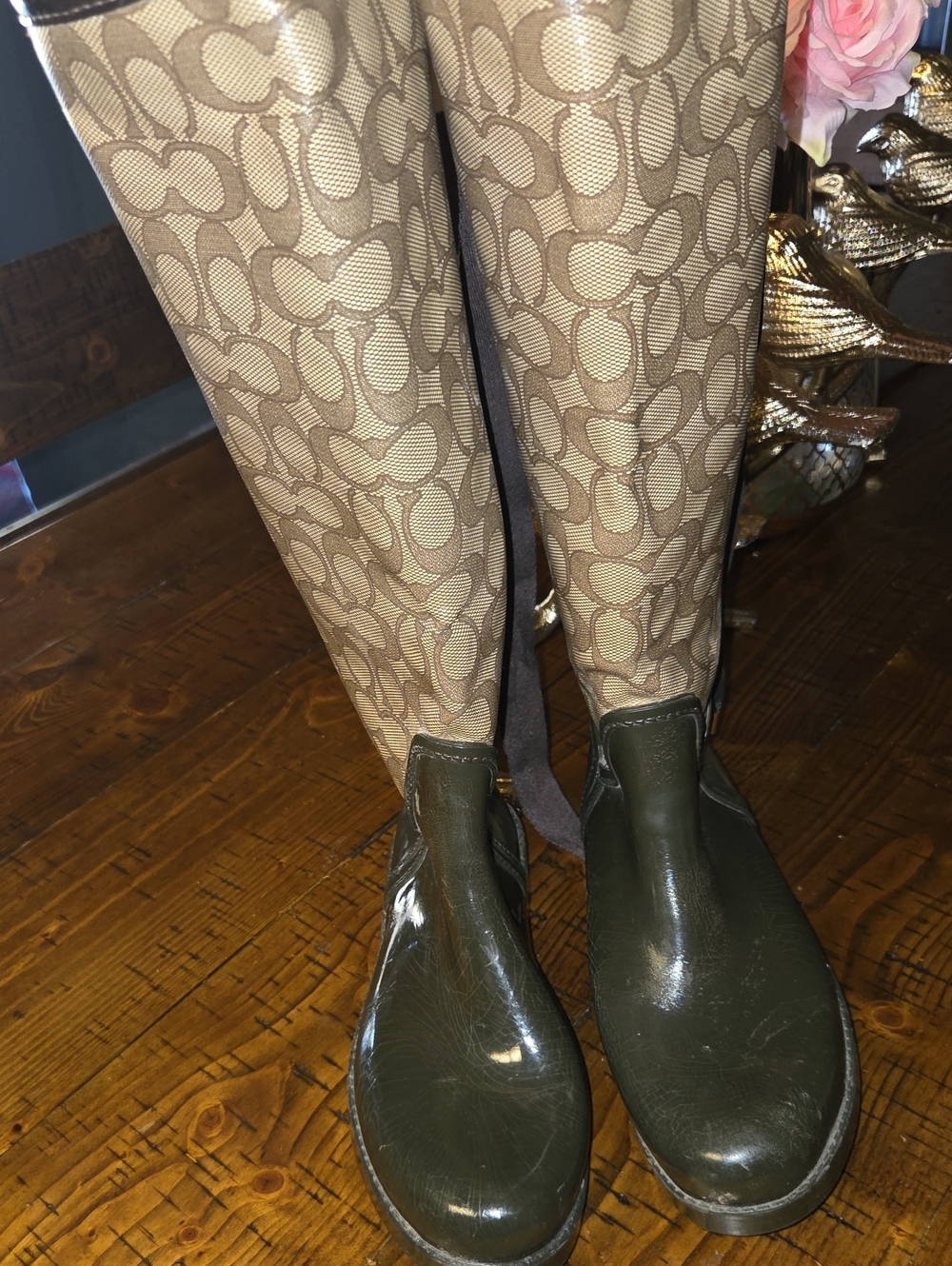 Coach Tan Signature Monogram Rain Boots